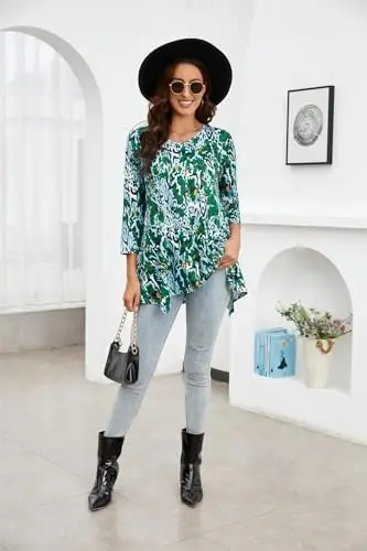 ENMAIN Womens Tunics Tops 3/4 Length Sleeve Plus Size Long Tops to Wear with Leggings Casual Loose Fit Dressy Flowy Blouses - 4