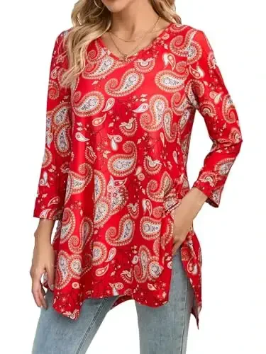 ENMAIN Womens Tunics Tops 3/4 Length Sleeve Plus Size Long Tops to Wear with Leggings Casual Loose Fit Dressy Flowy Blouses 