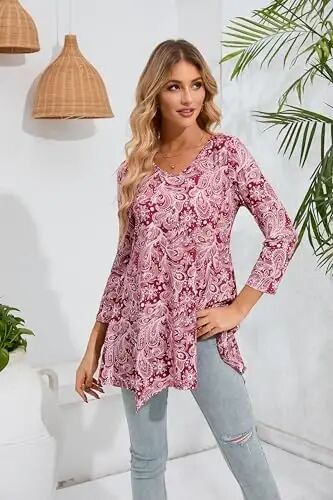 ENMAIN Womens Tunics Tops 3/4 Length Sleeve Plus Size Long Tops to Wear with Leggings Casual Loose Fit Dressy Flowy Blouses - 8