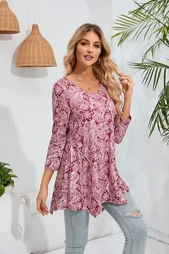 ENMAIN Womens Tunics Tops 3/4 Length Sleeve Plus Size Long Tops to Wear with Leggings Casual Loose Fit Dressy Flowy Blouses - 9