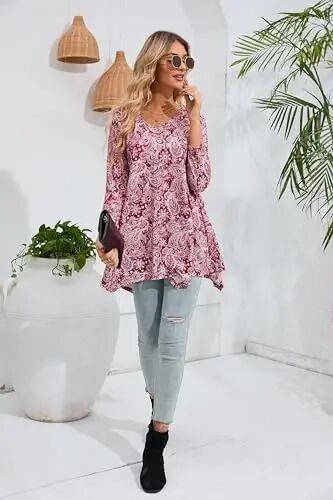 ENMAIN Womens Tunics Tops 3/4 Length Sleeve Plus Size Long Tops to Wear with Leggings Casual Loose Fit Dressy Flowy Blouses - 10