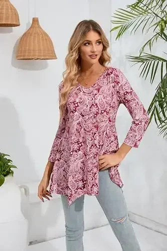 ENMAIN Womens Tunics Tops 3/4 Length Sleeve Plus Size Long Tops to Wear with Leggings Casual Loose Fit Dressy Flowy Blouses - MODAZONE (1)