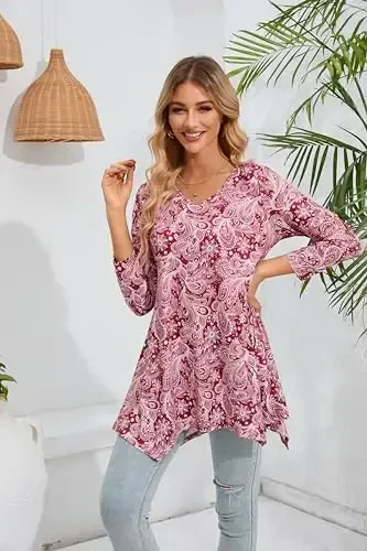 ENMAIN Womens Tunics Tops 3/4 Length Sleeve Plus Size Long Tops to Wear with Leggings Casual Loose Fit Dressy Flowy Blouses - 6