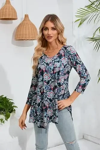 ENMAIN Womens Tunics Tops 3/4 Length Sleeve Plus Size Long Tops to Wear with Leggings Casual Loose Fit Dressy Flowy Blouses - 3