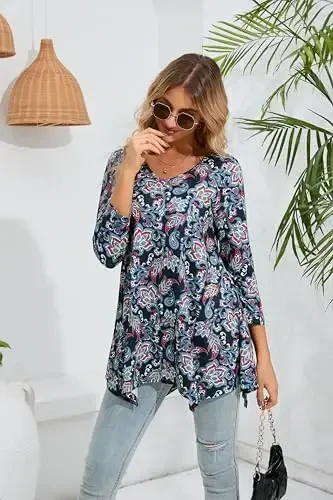 ENMAIN Womens Tunics Tops 3/4 Length Sleeve Plus Size Long Tops to Wear with Leggings Casual Loose Fit Dressy Flowy Blouses - 4