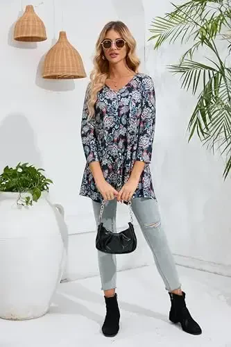 ENMAIN Womens Tunics Tops 3/4 Length Sleeve Plus Size Long Tops to Wear with Leggings Casual Loose Fit Dressy Flowy Blouses - 6