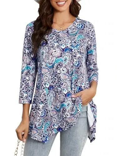 ENMAIN Womens Tunics Tops 3/4 Length Sleeve Plus Size Long Tops to Wear with Leggings Casual Loose Fit Dressy Flowy Blouses - MODAZONE
