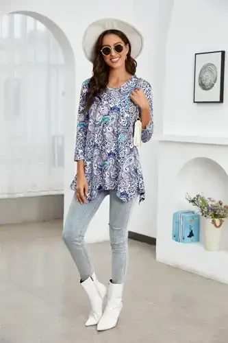 ENMAIN Womens Tunics Tops 3/4 Length Sleeve Plus Size Long Tops to Wear with Leggings Casual Loose Fit Dressy Flowy Blouses - 4