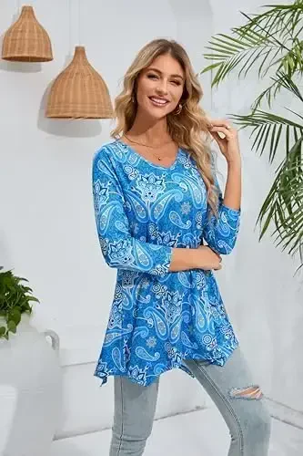 ENMAIN Womens Tunics Tops 3/4 Length Sleeve Plus Size Long Tops to Wear with Leggings Casual Loose Fit Dressy Flowy Blouses - 6