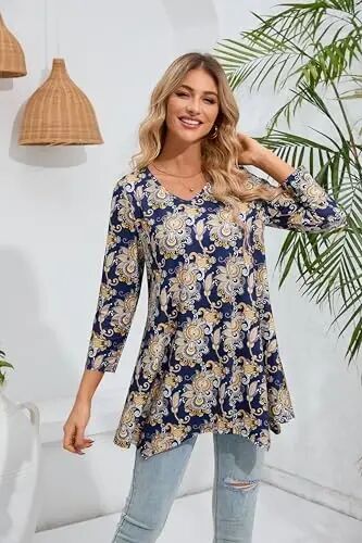 ENMAIN Womens Tunics Tops 3/4 Length Sleeve Plus Size Long Tops to Wear with Leggings Casual Loose Fit Dressy Flowy Blouses - 9