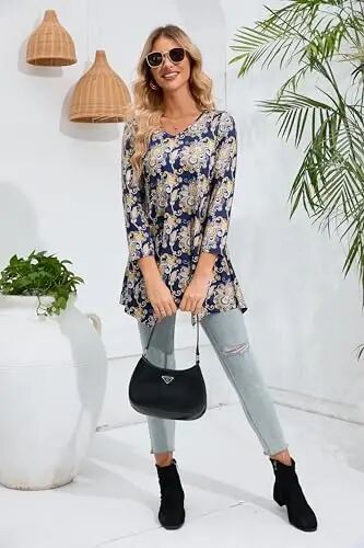 ENMAIN Womens Tunics Tops 3/4 Length Sleeve Plus Size Long Tops to Wear with Leggings Casual Loose Fit Dressy Flowy Blouses - 10