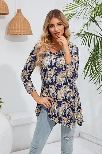 ENMAIN Womens Tunics Tops 3/4 Length Sleeve Plus Size Long Tops to Wear with Leggings Casual Loose Fit Dressy Flowy Blouses - ENMAIN (1)