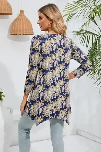 ENMAIN Womens Tunics Tops 3/4 Length Sleeve Plus Size Long Tops to Wear with Leggings Casual Loose Fit Dressy Flowy Blouses - 5