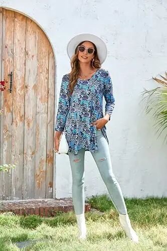 ENMAIN Womens Tunics Tops 3/4 Length Sleeve Plus Size Long Tops to Wear with Leggings Casual Loose Fit Dressy Flowy Blouses - 14