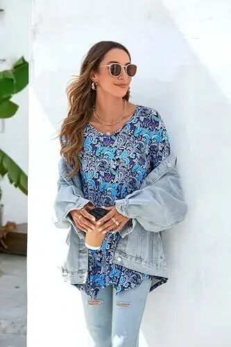 ENMAIN Womens Tunics Tops 3/4 Length Sleeve Plus Size Long Tops to Wear with Leggings Casual Loose Fit Dressy Flowy Blouses - 5