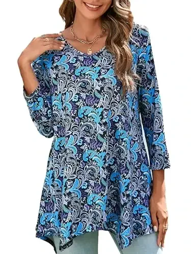 ENMAIN Womens Tunics Tops 3/4 Length Sleeve Plus Size Long Tops to Wear with Leggings Casual Loose Fit Dressy Flowy Blouses - MODAZONE