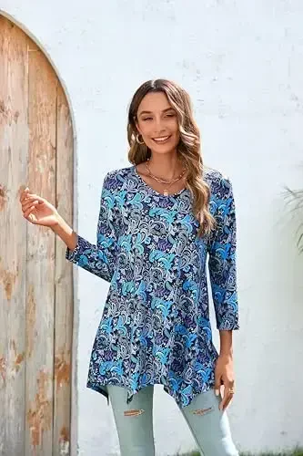 ENMAIN Womens Tunics Tops 3/4 Length Sleeve Plus Size Long Tops to Wear with Leggings Casual Loose Fit Dressy Flowy Blouses - 2