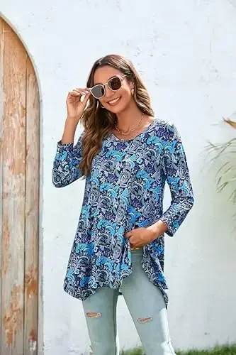 ENMAIN Womens Tunics Tops 3/4 Length Sleeve Plus Size Long Tops to Wear with Leggings Casual Loose Fit Dressy Flowy Blouses - 3
