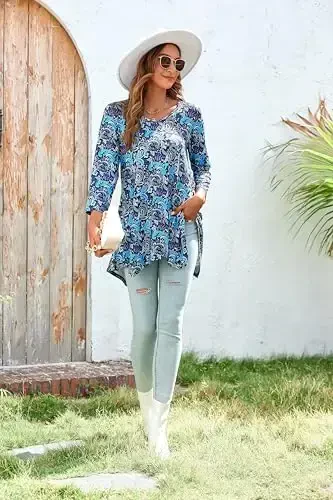 ENMAIN Womens Tunics Tops 3/4 Length Sleeve Plus Size Long Tops to Wear with Leggings Casual Loose Fit Dressy Flowy Blouses - 6