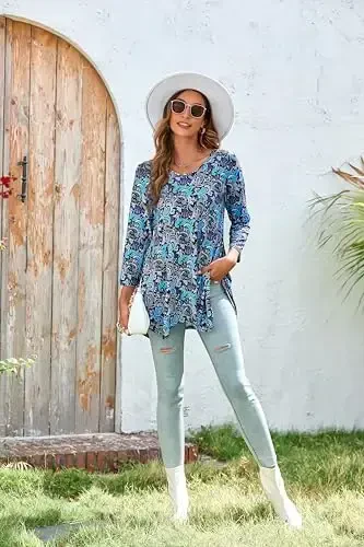 ENMAIN Womens Tunics Tops 3/4 Length Sleeve Plus Size Long Tops to Wear with Leggings Casual Loose Fit Dressy Flowy Blouses - 7