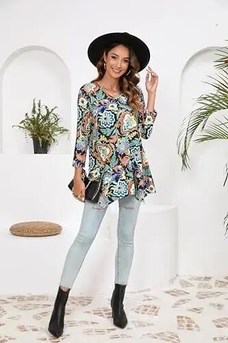 ENMAIN Womens Tunics Tops 3/4 Length Sleeve Plus Size Long Tops to Wear with Leggings Casual Loose Fit Dressy Flowy Blouses - 6