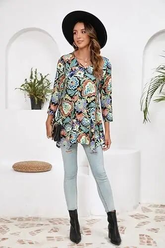 ENMAIN Womens Tunics Tops 3/4 Length Sleeve Plus Size Long Tops to Wear with Leggings Casual Loose Fit Dressy Flowy Blouses - 7