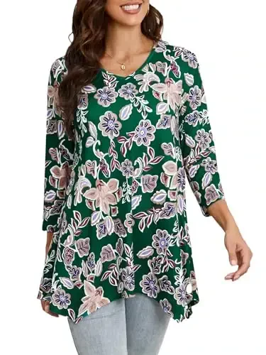 ENMAIN Womens Tunics Tops 3/4 Length Sleeve Plus Size Long Tops to Wear with Leggings Casual Loose Fit Dressy Flowy Blouses 