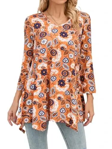 ENMAIN Womens Tunics Tops 3/4 Length Sleeve Plus Size Long Tops to Wear with Leggings Casual Loose Fit Dressy Flowy Blouses 
