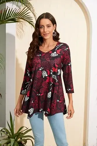 ENMAIN Womens Tunics Tops 3/4 Length Sleeve Plus Size Long Tops to Wear with Leggings Casual Loose Fit Dressy Flowy Blouses - 8