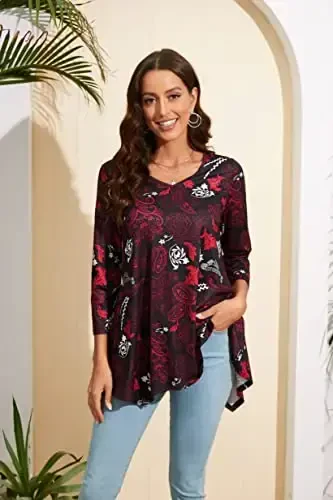 ENMAIN Womens Tunics Tops 3/4 Length Sleeve Plus Size Long Tops to Wear with Leggings Casual Loose Fit Dressy Flowy Blouses - 3