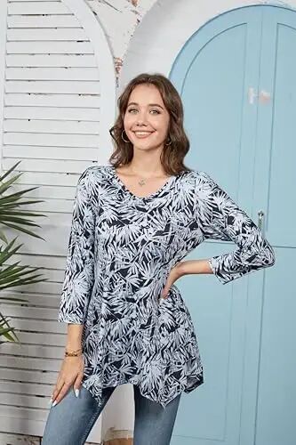 ENMAIN Womens Tunics Tops 3/4 Length Sleeve Plus Size Long Tops to Wear with Leggings Casual Loose Fit Dressy Flowy Blouses - 13