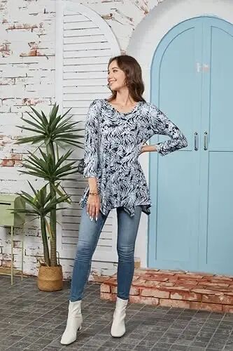 ENMAIN Womens Tunics Tops 3/4 Length Sleeve Plus Size Long Tops to Wear with Leggings Casual Loose Fit Dressy Flowy Blouses - 14