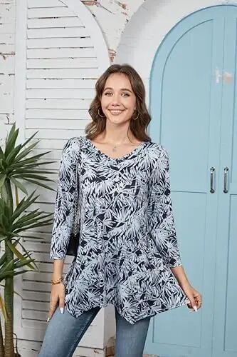 ENMAIN Womens Tunics Tops 3/4 Length Sleeve Plus Size Long Tops to Wear with Leggings Casual Loose Fit Dressy Flowy Blouses - ENMAIN (1)