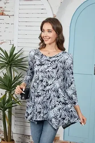 ENMAIN Womens Tunics Tops 3/4 Length Sleeve Plus Size Long Tops to Wear with Leggings Casual Loose Fit Dressy Flowy Blouses - 3
