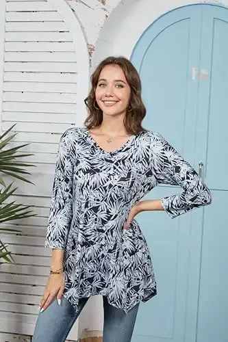 ENMAIN Womens Tunics Tops 3/4 Length Sleeve Plus Size Long Tops to Wear with Leggings Casual Loose Fit Dressy Flowy Blouses - 6