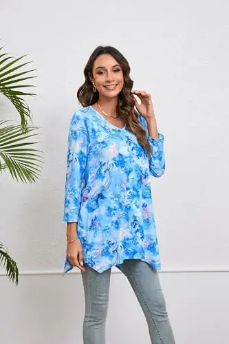 ENMAIN Womens Tunics Tops 3/4 Length Sleeve Plus Size Long Tops to Wear with Leggings Casual Loose Fit Dressy Flowy Blouses - 3