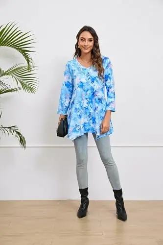 ENMAIN Womens Tunics Tops 3/4 Length Sleeve Plus Size Long Tops to Wear with Leggings Casual Loose Fit Dressy Flowy Blouses - 5