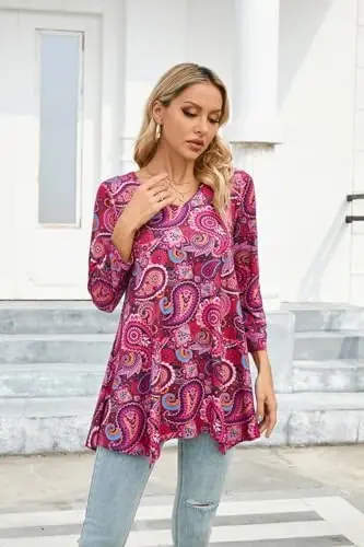 ENMAIN Womens Tunics Tops 3/4 Length Sleeve Plus Size Long Tops to Wear with Leggings Casual Loose Fit Dressy Flowy Blouses - ENMAIN (1)