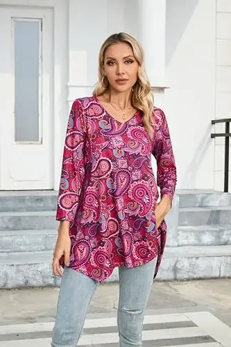 ENMAIN Womens Tunics Tops 3/4 Length Sleeve Plus Size Long Tops to Wear with Leggings Casual Loose Fit Dressy Flowy Blouses - 4