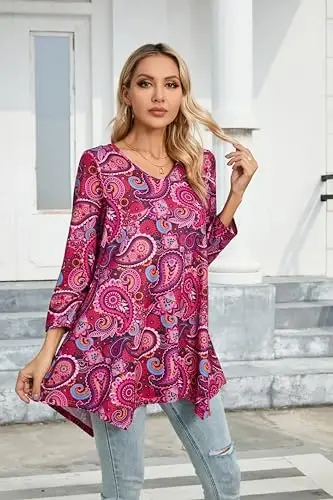 ENMAIN Womens Tunics Tops 3/4 Length Sleeve Plus Size Long Tops to Wear with Leggings Casual Loose Fit Dressy Flowy Blouses - 5
