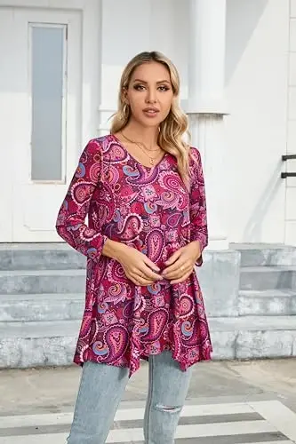 ENMAIN Womens Tunics Tops 3/4 Length Sleeve Plus Size Long Tops to Wear with Leggings Casual Loose Fit Dressy Flowy Blouses - 6