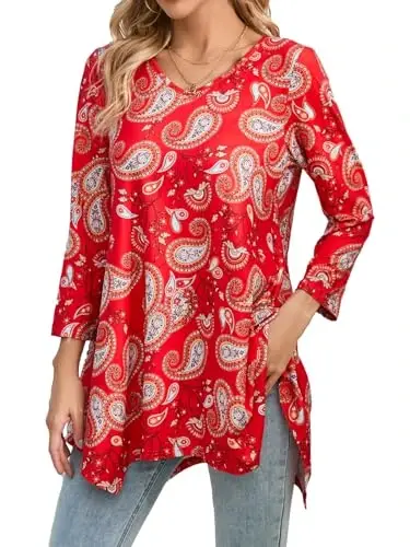 ENMAIN Womens Tunics Tops 3/4 Length Sleeve Plus Size Long Tops to Wear with Leggings Casual Loose Fit Dressy Flowy Blouses - 1
