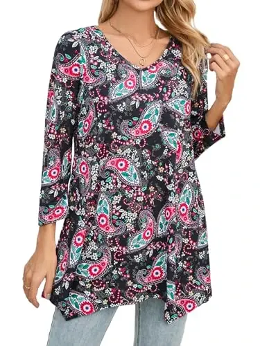 ENMAIN Womens Tunics Tops 3/4 Length Sleeve Plus Size Long Tops to Wear with Leggings Casual Loose Fit Dressy Flowy Blouses - 1