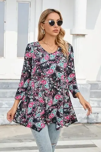 ENMAIN Womens Tunics Tops 3/4 Length Sleeve Plus Size Long Tops to Wear with Leggings Casual Loose Fit Dressy Flowy Blouses - 2