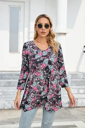 ENMAIN Womens Tunics Tops 3/4 Length Sleeve Plus Size Long Tops to Wear with Leggings Casual Loose Fit Dressy Flowy Blouses - 3