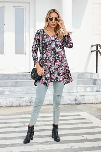 ENMAIN Womens Tunics Tops 3/4 Length Sleeve Plus Size Long Tops to Wear with Leggings Casual Loose Fit Dressy Flowy Blouses - 4