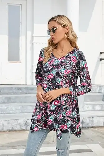 ENMAIN Womens Tunics Tops 3/4 Length Sleeve Plus Size Long Tops to Wear with Leggings Casual Loose Fit Dressy Flowy Blouses - 6
