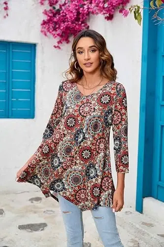 ENMAIN Womens Tunics Tops 3/4 Length Sleeve Plus Size Long Tops to Wear with Leggings Casual Loose Fit Dressy Flowy Blouses - 3