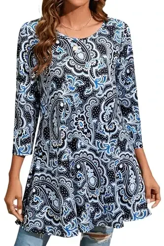ENMAIN Женские топы 3/4 рукава Нарядные повседневные туники больших размеров для ношения с леггинсами Расклешенная футболка Свободного кроя Блузки - MODAZONE