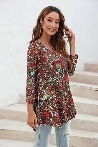 ENMAIN Женские топы 3/4 рукава Нарядные повседневные туники больших размеров для ношения с леггинсами Расклешенная футболка Свободные блузки - 2